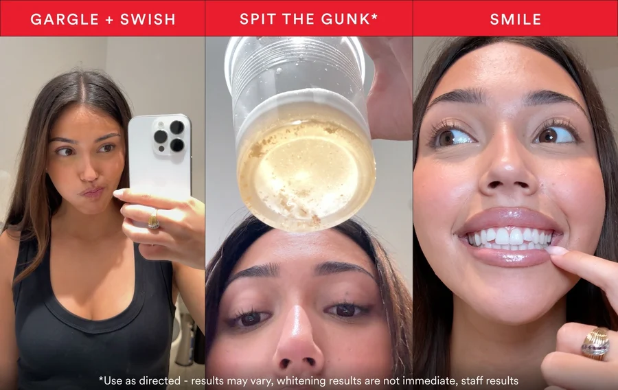 Three panel customer demonstration of iD Stain Mouthwash